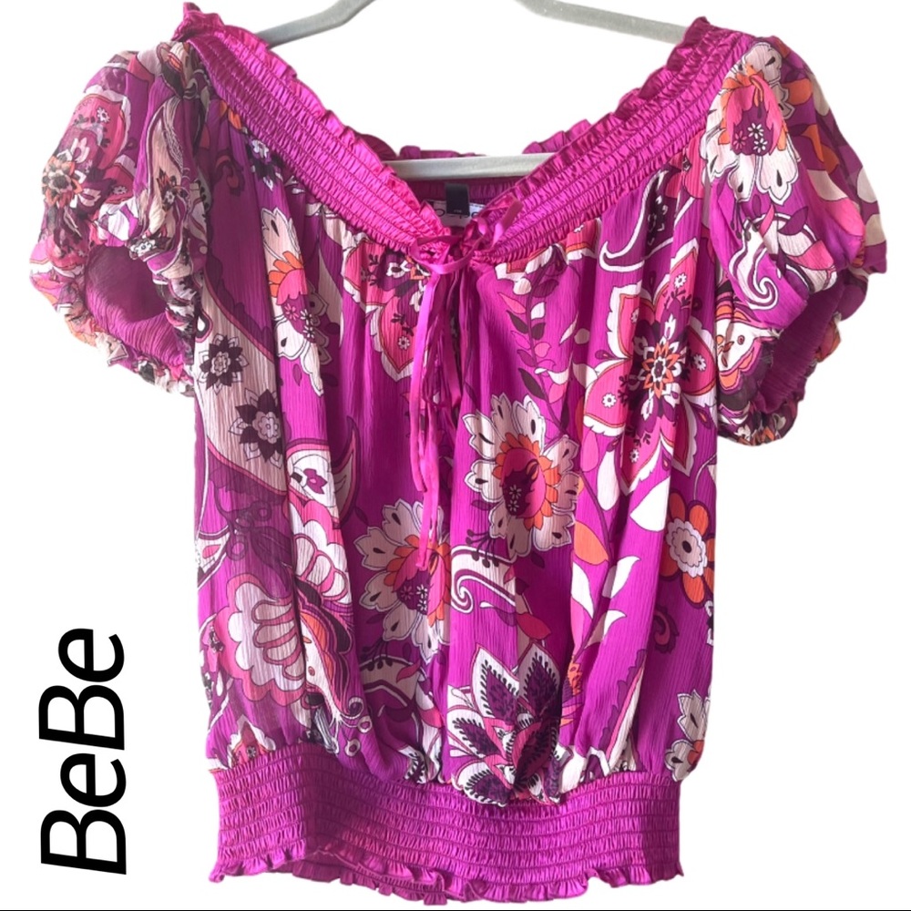 Bebe Purple tropical 100% silk top